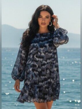 BCBG MaxAzria SZ M Pacific Blue Cloud Ruffle Hem Balloon Long Sleeve Lined Dress